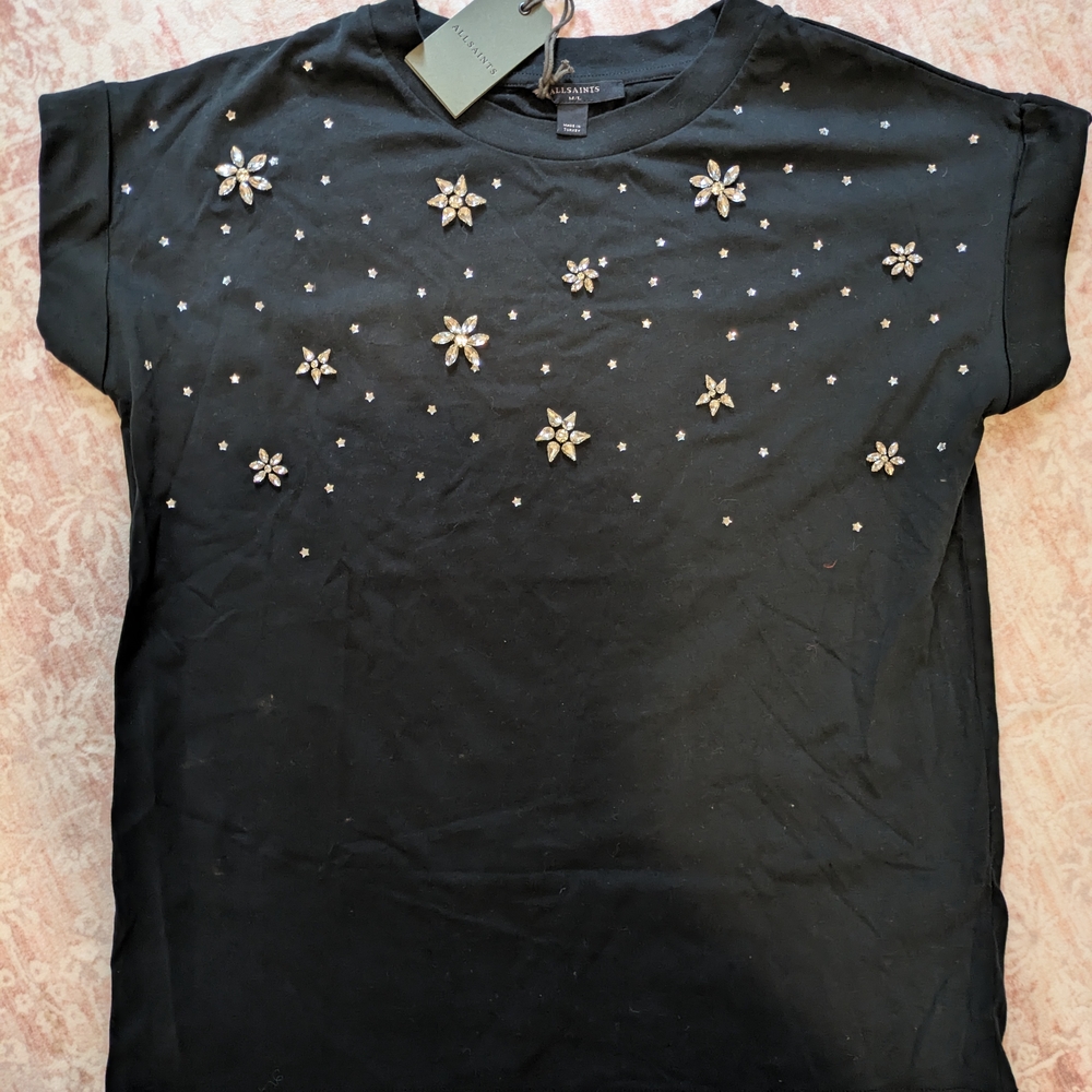 All Saints Black and Silver Embellished Polo Tee